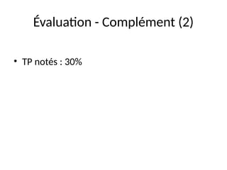 Évaluation - Complément (2)
• TP notés : 30%
 