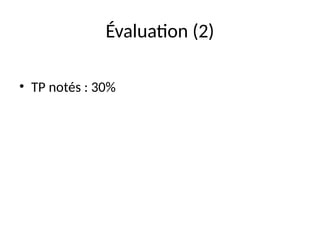 Évaluation (2)
• TP notés : 30%
 