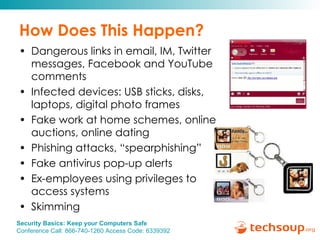 How Does This Happen? Dangerous links in email, IM, Twitter messages, Facebook and YouTube comments Infected devices: USB sticks, disks, laptops, digital photo frames Fake work at home schemes, online auctions, online dating Phishing attacks, “spearphishing” Fake antivirus pop-up alerts Ex-employees using privileges to access systems Skimming 