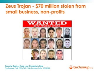 Zeus Trojan - $70 million stolen from small business, non-profits 