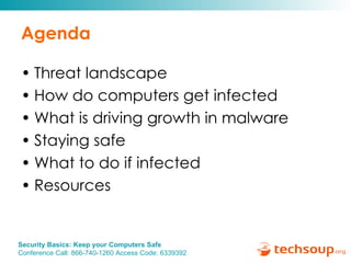 Agenda Threat landscape How do computers get infected What is driving growth in malware Staying safe What to do if infected Resources 