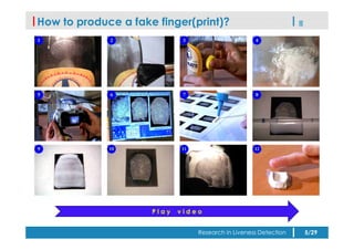 How to produce a fake finger(print)?
1 2 3 4
5 6 7 8
9 10 11 12
P l a y v i d e o
Research in Liveness Detection 5/29
 