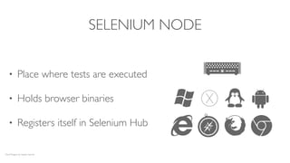 SELENIUM NODE
• Place where tests are executed
• Holds browser binaries
• Registers itself in Selenium Hub
Nerd Penguin by Hayden Kerrisk