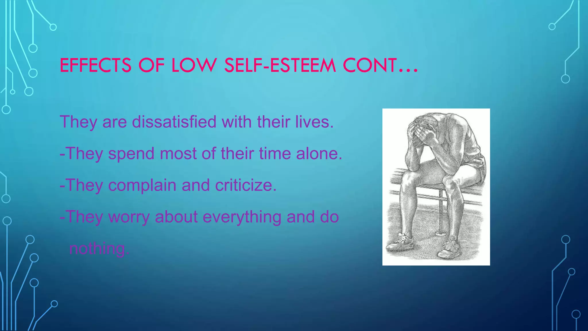 EFFECTS OF LOW SELF-ESTEEM CONT…
They are dissatisfied with their lives.

-They spend most of their time alone.
-They complain and criticize.
-They worry about everything and do
nothing.

 