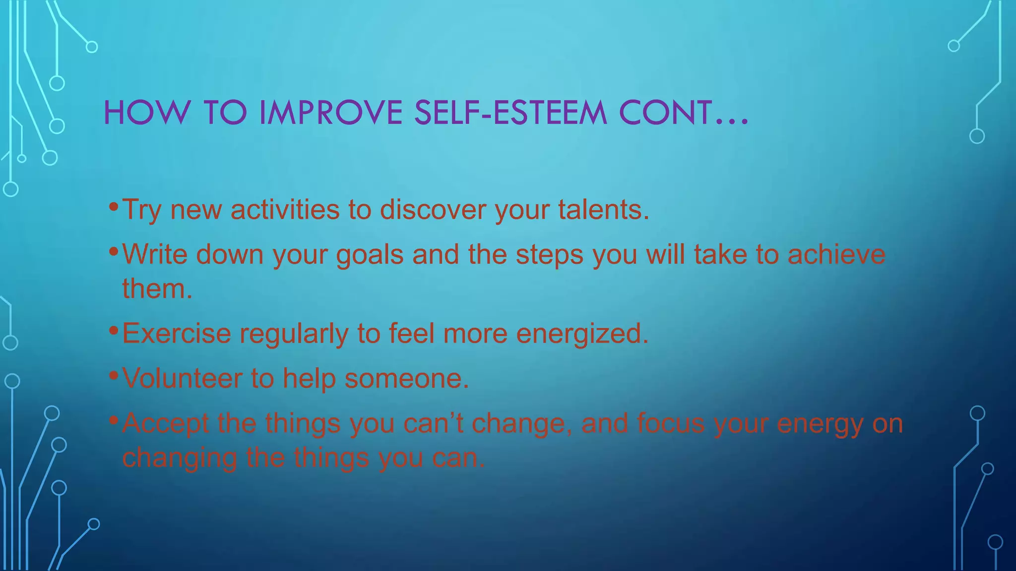 HOW TO IMPROVE SELF-ESTEEM CONT…
• Try new activities to discover your talents.
• Write down your goals and the steps you will take to achieve
them.

• Exercise regularly to feel more energized.
• Volunteer to help someone.
• Accept the things you can’t change, and focus your energy on
changing the things you can.

 