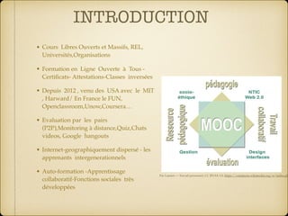 INTRODUCTION
• Cours Libres Ouverts et Massifs, REL,
Universités,Organisations
• Formation en Ligne Ouverte à Tous -
Certiﬁcats- Attestations-Classes inversées
• Depuis 2012 , venu des USA avec le MIT
, Harward/ En France le FUN,
Openclassroom,Unow,Coursera…
• Evaluation par les pairs
(P2P),Monitoring à distance,Quiz,Chats
videos, Google hangouts
• Internet-geographiquement dispersé - les
apprenants intergenerationnels
• Auto-formation -Apprentissage
collaboratif-Fonctions sociales très
développées
Par Lamiot — Travail personnel, CC BY-SA 3.0, https://commons.wikimedia.org/w/index.ph
 