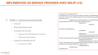 IMPLÉMENTER UN SERVICE PROVIDER AVEC BIG-IP (1/2)
► PHASE1 :Créationdu Service Provider
o Entity ID
o RelayState (Optionnel)
o Paramètres desécurité
• Signaturedes SAMLRequest etAssertion
• Chiffrement des Assertion
o Exporter les Metadata du SP
• Etles donner à l’IDP
15
<?xml version="1.0" encoding="UTF-8" ?>
<EntityDescriptor xmlns="urn:oasis:names:tc:SAML:2.0:metadata" ID="I3987ce695a1ad
xmlns:saml="urn:oasis:names:tc:SAML:2.0:assertion" xmlns:ds="http://www.w3.org/20
xpertsolutions.com">
<SPSSODescriptor AuthnRequestsSigned="true" WantAssertionsSi
protocolSupportEnumeration="urn:oasis:names:tc:SAML:2.0:protocol">
<KeyDescriptor>
<ds:KeyInfo>
ozSFVSZ+XlI=</ds:X509Certificate>
</ds:X509Data>
</ds:KeyInfo>
</KeyDescriptor>
<NameIDFormat>urn:oasis:names:tc:SAML:
<AssertionConsumerService Binding="urn:o
Location="https://demo-saml2.e-xpertsolutions.com/saml/sp/profile/post/acs" index="
</AssertionConsumerService>
<SingleLogoutService Binding="urn:oasis:na
Location="https://demo-saml2.e-xpertsolutions.com/saml/sp/profile/post/sls" Respons
xpertsolutions.com/saml/sp/profile/post/slr" isDefault="true">
</SingleLogoutService>
</SPSSODescriptor>
</EntityDescriptor>
 