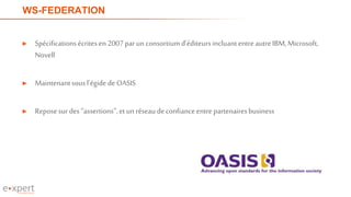 WS-FEDERATION
► Spécificationsécrites en 2007parun consortiumd’éditeursincluantentreautreIBM, Microsoft,
Novell
► Maintenantsousl’égide deOASIS
► Reposesurdes“assertions”,etun réseaudeconfianceentrepartenairesbusiness
 