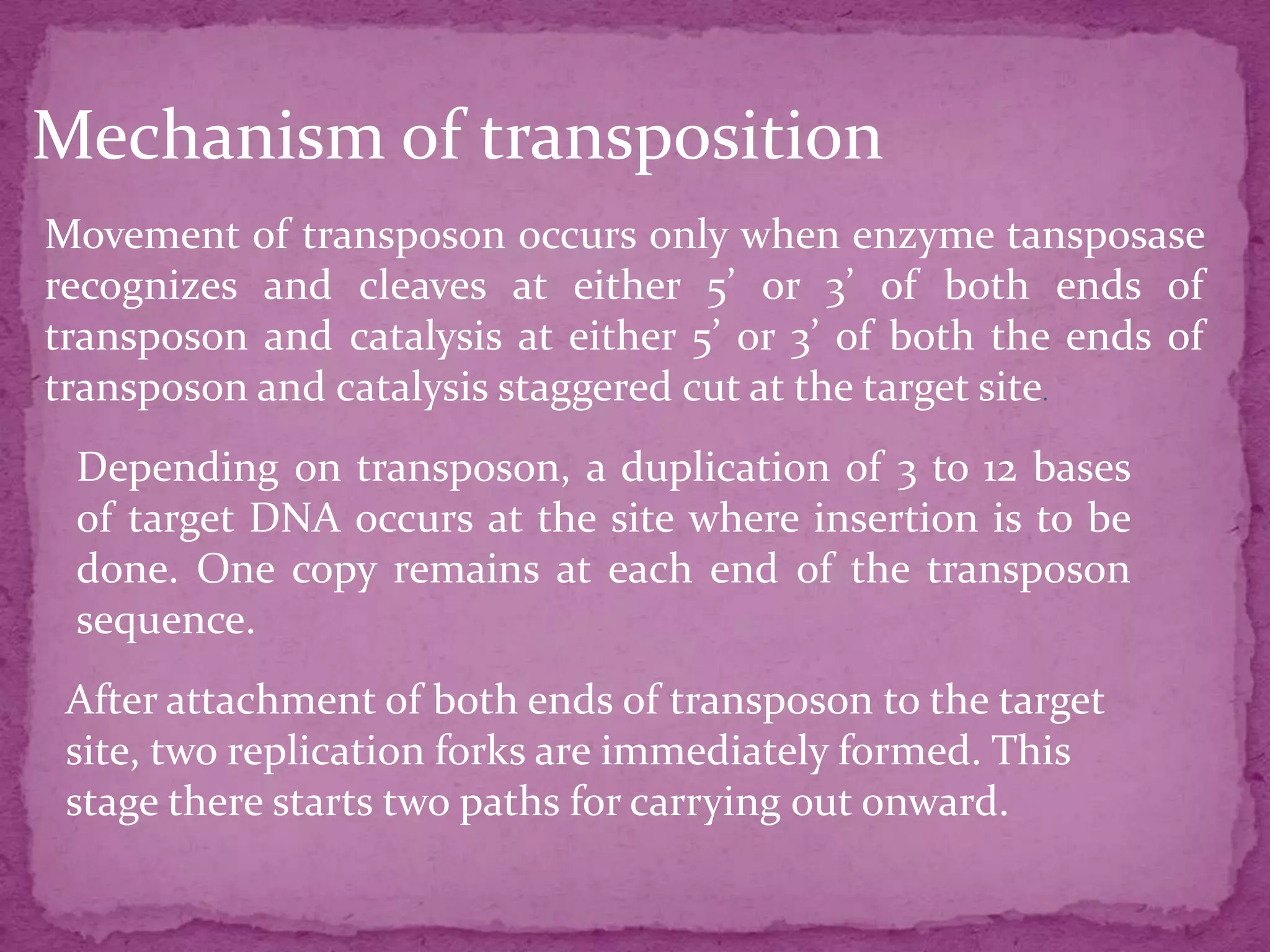 Mechanism of transposition
Movement of transposon occurs only when enzyme tansposase
recognizes and cleaves at either 5’ or 3’ of both ends of
transposon and catalysis at either 5’ or 3’ of both the ends of
transposon and catalysis staggered cut at the target site.
 Depending on transposon, a duplication of 3 to 12 bases
 of target DNA occurs at the site where insertion is to be
 done. One copy remains at each end of the transposon
 sequence.
 After attachment of both ends of transposon to the target
 site, two replication forks are immediately formed. This
 stage there starts two paths for carrying out onward.
 