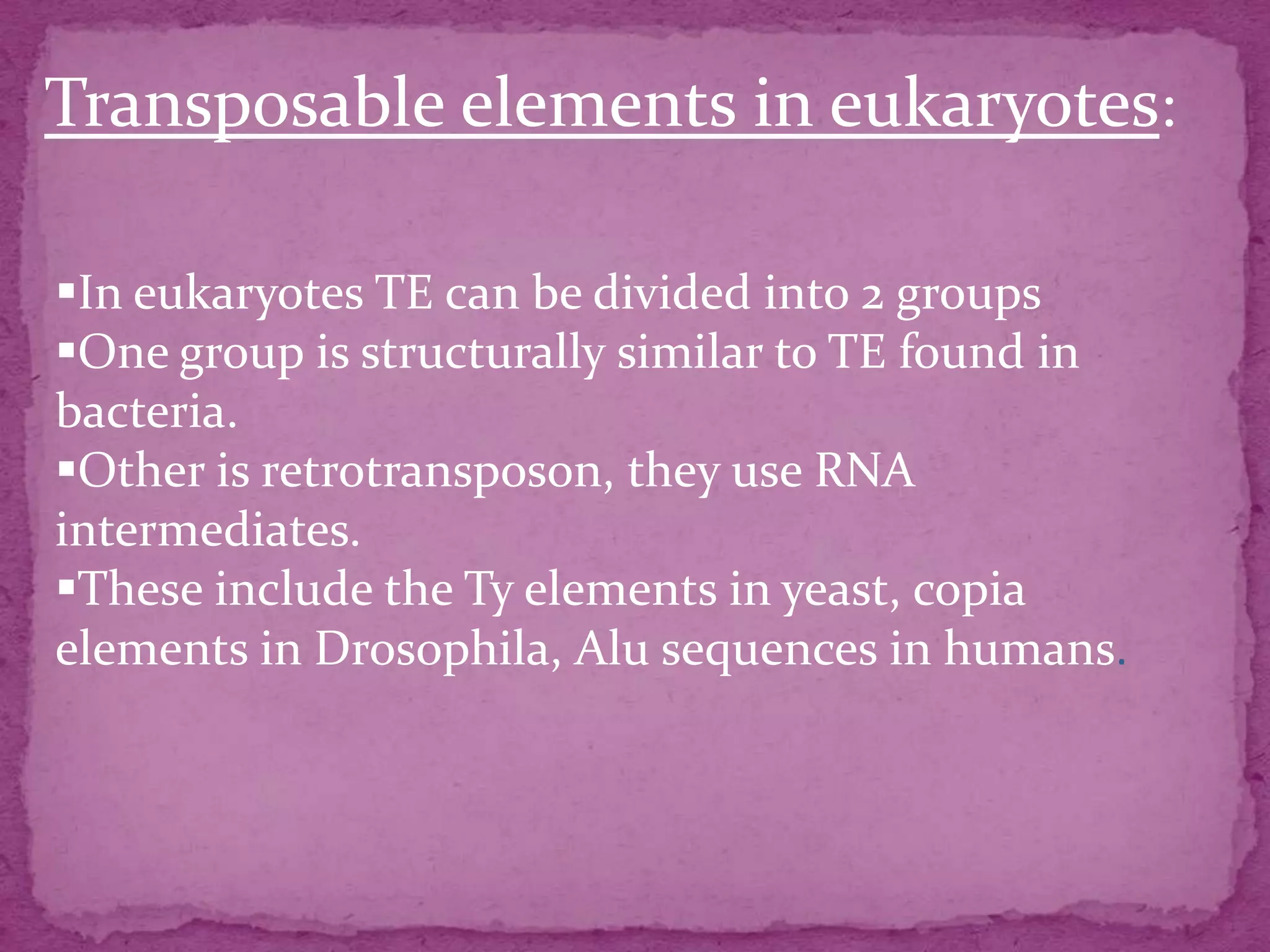 Transposable elements in eukaryotes:

In eukaryotes TE can be divided into 2 groups
One group is structurally similar to TE found in
bacteria.
Other is retrotransposon, they use RNA
intermediates.
These include the Ty elements in yeast, copia
elements in Drosophila, Alu sequences in humans.
 