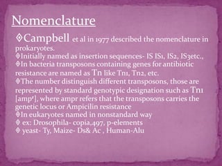 Nomenclature
Campbell et al in 1977 described the nomenclature in
prokaryotes.
Initially named as insertion sequences- IS IS1, IS2, IS3etc.,
In bacteria transposons containing genes for antibiotic
resistance are named as Tn like Tn1, Tn2, etc.
The number distinguish different transposons, those are
represented by standard genotypic designation such as Tn1
[ampr], where ampr refers that the transposons carries the
genetic locus or Ampicilin resistance
In eukaryotes named in nonstandard way
 ex: Drosophila- copia,497, p-elements
 yeast- Ty, Maize- Ds& Ac , Human-Alu
 