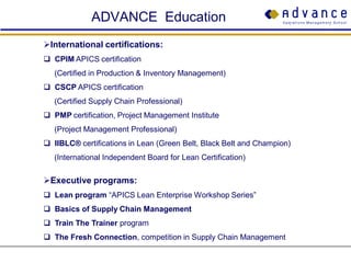 ADVANCE Education
International certifications:
 CPIM APICS certification
   (Certified in Production & Inventory Management)
 CSCP APICS certification
   (Certified Supply Chain Professional)
 PMP certification, Project Management Institute
   (Project Management Professional)
 IIBLC® certifications in Lean (Green Belt, Black Belt and Champion)
   (International Independent Board for Lean Certification)

Executive programs:
 Lean program “APICS Lean Enterprise Workshop Series”
 Basics of Supply Chain Management
 Train The Trainer program
 The Fresh Connection, competition in Supply Chain Management
 