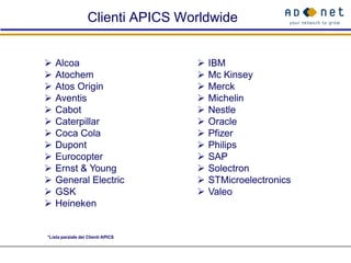 Clienti APICS Worldwide


   Alcoa                              IBM
   Atochem                            Mc Kinsey
   Atos Origin                        Merck
   Aventis                            Michelin
   Cabot                              Nestle
   Caterpillar                        Oracle
   Coca Cola                          Pfizer
   Dupont                             Philips
   Eurocopter                         SAP
   Ernst & Young                      Solectron
   General Electric                   STMicroelectronics
   GSK                                Valeo
   Heineken


*Lista parziale dei Clienti APICS
 