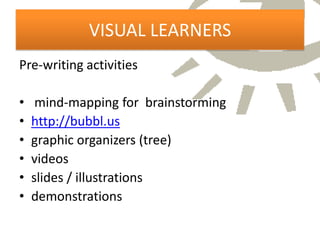 VISUAL LEARNERS
Pre-writing activities

•    mind-mapping for brainstorming
•   http://bubbl.us
•   graphic organizers (tree)
•   videos
•   slides / illustrations
•   demonstrations
 