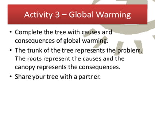 Activity 3 – Global Warming
• Complete the tree with causes and
  consequences of global warming.
• The trunk of the tree represents the problem.
  The roots represent the causes and the
  canopy represents the consequences.
• Share your tree with a partner.
 