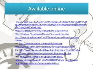 Available online

•    http://www.bhsu.edu/Academics/TheColleges/CollegeofArtsandSciences/D
    epartmentsandPrograms/Humanities/English/WritingResources/LearningSt
    yles/tabid/953/Default.aspx
•   http://eca.state.gov/forum/vols/vol37/no4/p6.htm#top
•   http://iteslj.org/Techniques/Zhenhui-TeachingStyles.html
•   http://www.slideshare.net/51625678/teaching-and-learning-styles-
    research
•   test http://www.vark-learn.com/english/index.asp
•   http://www.cloudnet.com/~edrbsass/learningstylesjigsaw.html
•   test http://www.open.ac.uk/skillsforstudy/learning-style-activity.php
•   http://www.everythingesl.net/inservices/learningstyle.php
•   links http://www.shambles.net/pages/staff/lstyles/
•    http://ww2.nscc.edu/gerth_d/AAA0000000/barsch_inventory.htm
•    http://www.ldpride.net/learningstyles.MI.htm
 