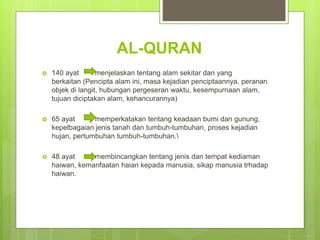 AL-QURAN
 140 ayat menjelaskan tentang alam sekitar dan yang
berkaitan (Pencipta alam ini, masa kejadian penciptaannya, peranan
objek di langit, hubungan pergeseran waktu, kesempurnaan alam,
tujuan diciptakan alam, kehancurannya)
 65 ayat memperkatakan tentang keadaan bumi dan gunung,
kepelbagaian jenis tanah dan tumbuh-tumbuhan, proses kejadian
hujan, pertumbuhan tumbuh-tumbuhan.
 48 ayat membincangkan tentang jenis dan tempat kediaman
haiwan, kemanfaatan haian kepada manusia, sikap manusia trhadap
haiwan.
 