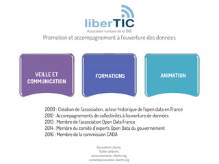 ANIMATIONVEILLE ET
COMMUNICATION
Association nantaise de loi 1901
Promotion et accompagnement à l'ouverture des données
FORMATIONS
Association Libertic
Twitter @libertic
www.association-libertic.org
contact@association-libertic.org
2009 : Création de l'association, acteur historique de l'open data en France
2012 : Accompagnements de collectivités à l'ouverture de données
2013 : Membre de l'association Open Data France
2014 : Membre du comité d'experts Open Data du gouvernement
2016 : Membre de la commission CADA
 