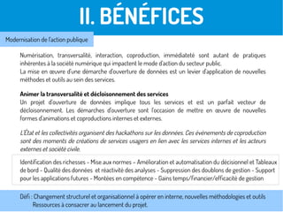 Numérisation, transversalité, interaction, coproduction, immédiateté sont autant de pratiques
inhérentes à la société numérique qui impactent le mode d'action du secteur public.
La mise en œuvre d'une démarche d'ouverture de données est un levier d'application de nouvelles
méthodes et outils au sein des services.
Animer la transversalité et décloisonnement des services
Un projet d'ouverture de données implique tous les services et est un parfait vecteur de
décloisonnement. Les démarches d'ouverture sont l'occasion de mettre en œuvre de nouvelles
formes d'animations et coproductions internes et externes.
L’État et les collectivités organisent des hackathons sur les données. Ces évènements de coproduction
sont des moments de créations de services usagers en lien avec les services internes et les acteurs
externes et société civile.
II. BÉNÉFICES
Modernisation de l'action publique
Défi : Changement structurel et organisationnel à opérer en interne, nouvelles méthodologies et outils
Ressources à consacrer au lancement du projet.
Identification des richesses - Mise aux normes – Amélioration et automatisation du décisionnel et Tableaux
de bord - Qualité des données et réactivité des analyses - Suppression des doublons de gestion - Support
pour les applications futures - Montées en compétence - Gains temps/financier/efficacité de gestion
 