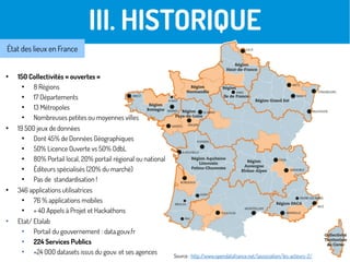 III. HISTORIQUE
État des lieux en France
• 150 Collectivités « ouvertes »
• 8 Régions
• 17 Départements
• 13 Métropoles
• Nombreuses petites ou moyennes villes
• 19 500 jeux de données
• Dont 45% de Données Géographiques
• 50% Licence Ouverte vs 50% OdbL
• 80% Portail local, 20% portail régional ou national
• Éditeurs spécialisés (20% du marché)
• Pas de standardisation !
• 346 applications utilisatrices
• 76 % applications mobiles
• + 40 Appels à Projet et Hackathons
• Etat/ Etalab
• Portail du gouvernement : data.gouv.fr
• 224 Services Publics
• +24 000 datasets issus du gouv. et ses agences
Source : http://www.opendatafrance.net/lassociation/les-acteurs-2/
 