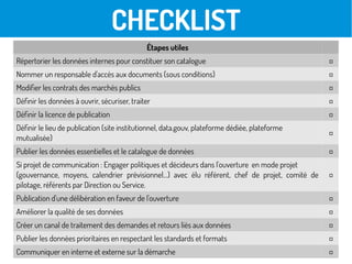 CHECKLIST
Étapes utiles
Répertorier les données internes pour constituer son catalogue □
Nommer un responsable d'accès aux documents (sous conditions) □
Modifier les contrats des marchés publics □
Définir les données à ouvrir, sécuriser, traiter □
Définir la licence de publication □
Définir le lieu de publication (site institutionnel, data.gouv, plateforme dédiée, plateforme
mutualisée)
□
Publier les données essentielles et le catalogue de données □
Si projet de communication : Engager politiques et décideurs dans l'ouverture en mode projet
(gouvernance, moyens, calendrier prévisionnel…) avec élu référent, chef de projet, comité de
pilotage, référents par Direction ou Service.
□
Publication d'une délibération en faveur de l'ouverture □
Améliorer la qualité de ses données □
Créer un canal de traitement des demandes et retours liés aux données □
Publier les données prioritaires en respectant les standards et formats □
Communiquer en interne et externe sur la démarche □
 
