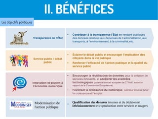 II. BÉNÉFICES
Les objectifs politiques
Modernisation de
l'action publique
Qualification des données internes et du décisionnel
Décloisonnement et coproduction entre services et usagers
 