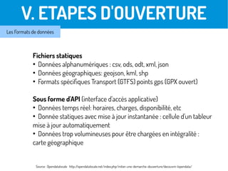 V. ETAPES D'OUVERTURE
Les Formats de données
Fichiers statiques
●
Données alphanumériques : csv, ods, odt, xml, json
●
Données géographiques: geojson, kml, shp
●
Formats spécifiques Transport (GTFS) points gps (GPX ouvert)
Sous forme d'API (interface d'accès applicative)
●
Données temps réel: horaires, charges, disponibilité, etc
●
Donnée statiques avec mise à jour instantanée : cellule d'un tableur
mise à jour automatiquement
●
Données trop volumineuses pour être chargées en intégralité :
carte géographique
Source : Opendatalocale http://opendatalocale.net/index.php/initier-une-demarche-douverture/decouvrir-lopendata/
 