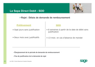 Le Sepa Direct Debit - SDD

                             > Rejet : Délais de demande de remboursement


                      Prélèvement                                        SDD

             • Sept jours sans justification                   • 8 semaines à partir de la date de débit sans
                                                                 justification


             • Deux mois avec justificatifs                    • 13 mois en cas d’absence de mandat




               • Élargissement de la période de demande de remboursement

               • Pas de justification de la demande de rejet


#10   Juin 2008 • Division Moyennes et Grandes Entreprises
 