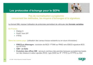 Les protocoles d’échange pour le SEPA
                           Pas de normalisation européenne
            concernant les méthodes, les moyens d’échanges et la signature.

      Le format XML impose l’utilisation de protocoles permettant de véhiculer des formats variables

      En France:
            > Etebac 5
            > PeSIT hors SIT
            > FTP/S

      Dans les autres pays: (utilisation des canaux locaux existants ou en cours d’évolution)

                  > EBICS en Allemagne : évolution de BCS / FTAM sur RNIS vers EBICS signature BCS
                    sur HTTP/S
                  > CBI+ en Italie
                  > Evolution des offres CMI : serveurs centraux des grandes banques européennes basés
                    sur des réseaux à valeur ajoutée (RVA) type X400 sur IP FTP/S ou HTTPS ou AS2


#12    Juin 2008 • Division Moyennes et Grandes Entreprises
 