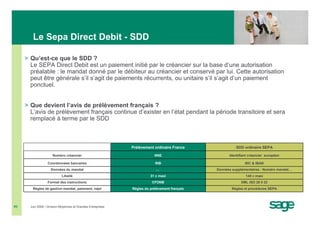 Le Sepa Direct Debit - SDD

     > Qu’est-ce que le SDD ?
       Le SEPA Direct Debit est un paiement initié par le créancier sur la base d’une autorisation
       préalable : le mandat donné par le débiteur au créancier et conservé par lui. Cette autorisation
       peut être générale s’il s’agit de paiements récurrents, ou unitaire s’il s’agit d’un paiement
       ponctuel.


     > Que devient l’avis de prélèvement français ?
       L’avis de prélèvement français continue d’exister en l’état pendant la période transitoire et sera
       remplacé à terme par le SDD



                                                              Prélèvement ordinaire France               SDD ordinaire SEPA

                      Numéro créancier                                    NNE                        Identifiant créancier européen

                   Coordonnées bancaires                                   RIB                                BIC & IBAN
                     Données du mandat                                     …                   Données supplémentaires : Numéro mandat…
                             Libellé                                    31 c maxi                             140 c maxi
                   Format des instructions                               CFONB                              XML ISO 20 0 22
        Règles de gestion mandat, paiement, rejet             Règles du prélèvement français           Règles et procédures SEPA




#8     Juin 2008 • Division Moyennes et Grandes Entreprises
 