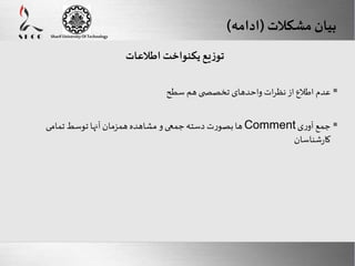 Here comes your footer 
Enter your title here 
Sharif University Of Technology 
بیان مشکلات )ادامه( 
Page 16 
توزیع یکنواخت اطلاعات 
عدم اطلاع از نظرات واحدهای تخصص ی هم سطح  
 ها بصورت دسته جمعی و مشاهده همزمان آنها توسط تمامی Comment جمع آوری 
کارشناسان 
 