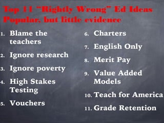 Top 11 “Rightly Wrong” Ed Ideas 
Popular, but little evidence 
 