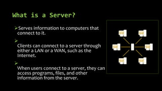 What is a Server?
Serves information to computers that
connect to it.

Clients can connect to a server through
either a LAN or a WAN, such as the
Internet.

When users connect to a server, they can
access programs, files, and other
information from the server.
 