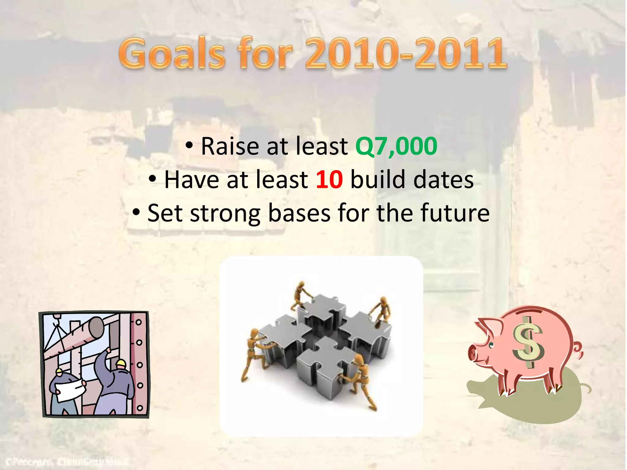 Goals for 2010-2011 Raise at least Q7,000