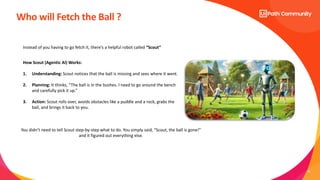 10
Who will Fetch the Ball ?
How Scout (Agentic AI) Works:
1. Understanding: Scout notices that the ball is missing and sees where it went.
2. Planning: It thinks, “The ball is in the bushes. I need to go around the bench
and carefully pick it up.”
3. Action: Scout rolls over, avoids obstacles like a puddle and a rock, grabs the
ball, and brings it back to you.
Instead of you having to go fetch it, there’s a helpful robot called “Scout”
You didn’t need to tell Scout step-by-step what to do. You simply said, “Scout, the ball is gone!”
and it figured out everything else.
 