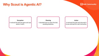 11
Why Scout is Agentic AI?
Perception
It noticed the ball was gone and saw
where it went.
Planning
It decided how to reach the ball,
avoiding obstacles.
Action
It retrieved the ball and returned it
to you and wait for next Instruction.
 