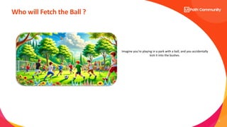 9
Who will Fetch the Ball ?
Imagine you’re playing in a park with a ball, and you accidentally
kick it into the bushes.
 