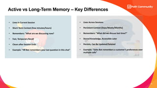 16
Active vs Long-Term Memory – Key Differences
• Lives Across Sessions
• Persistent Context (Days/Weeks/Months)
• Remembers: "What did we discuss last time?“
• Stored Knowledge, Accessible Later
• Persists, Can Be Updated/Deleted
• Example: "Sales Bot remembers a customer’s preferences over
multiple calls"
• Lives in Current Session
• Short-Term Context (Few minutes/hours)
• Remembers: "What are we discussing now?
• Fast, Temporary Recall
• Clears after Session Ends
• Example: "HR Bot remembers your last question in this chat"
 