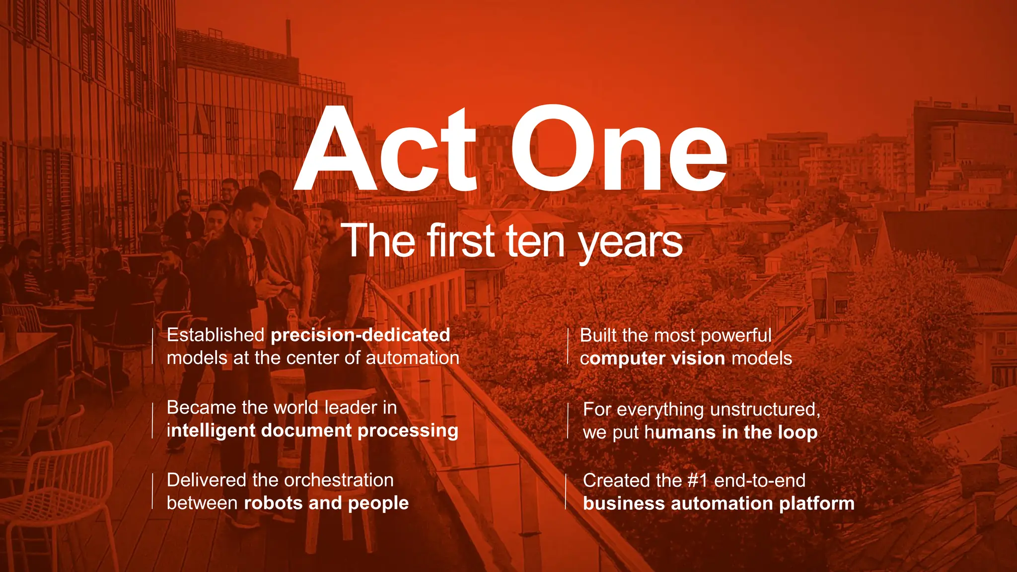 Act One
The first ten years
Established precision-dedicated
models at the center of automation
Built the most powerful
computer vision models
Became the world leader in
intelligent document processing
For everything unstructured,
we put humans in the loop
Delivered the orchestration
between robots and people
Created the #1 end-to-end
business automation platform
 