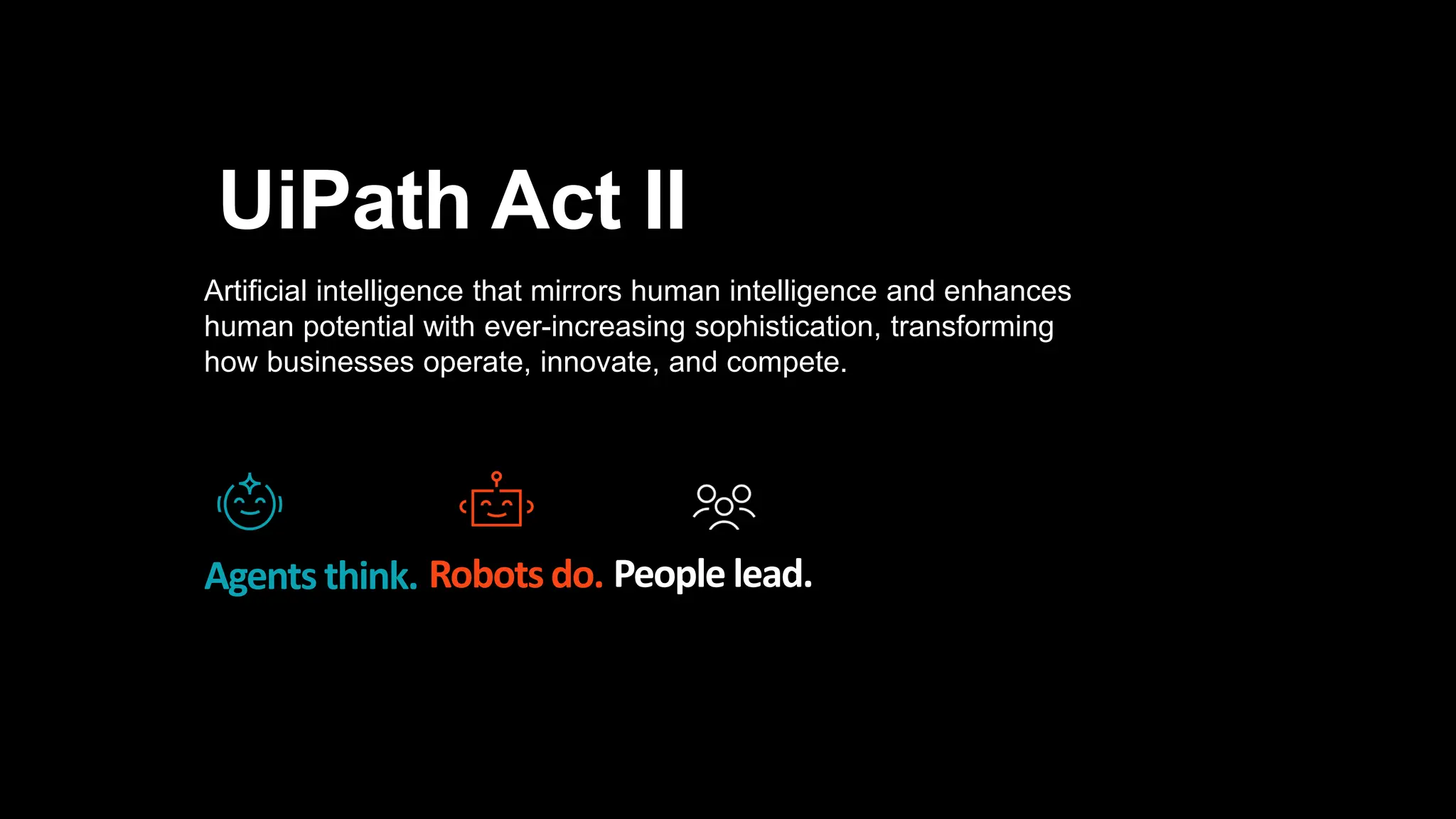 Artificial intelligence that mirrors human intelligence and enhances
human potential with ever-increasing sophistication, transforming
how businesses operate, innovate, and compete.
UiPath Act II
Agents think. Robotsdo. People lead.
 