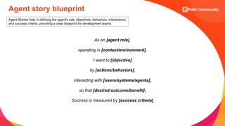 33
As an [agent role],
operating in [context/environment],
I want to [objective]
by [actions/behaviors],
interacting with [users/systems/agents],
so that [desired outcome/benefit],
Success is measured by [success criteria]
Agent story blueprint
Agent Stories help in defining the agent's role, objectives, behaviors, interactions,
and success criteria, providing a clear blueprint for development teams
 