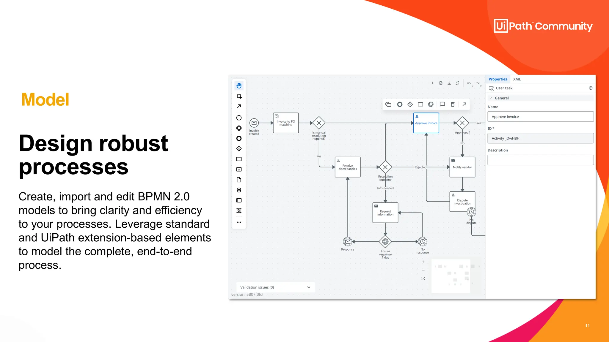 11
Design robust
processes
Create, import and edit BPMN 2.0
models to bring clarity and efficiency
to your processes. Leverage standard
and UiPath extension-based elements
to model the complete, end-to-end
process.
Model
 