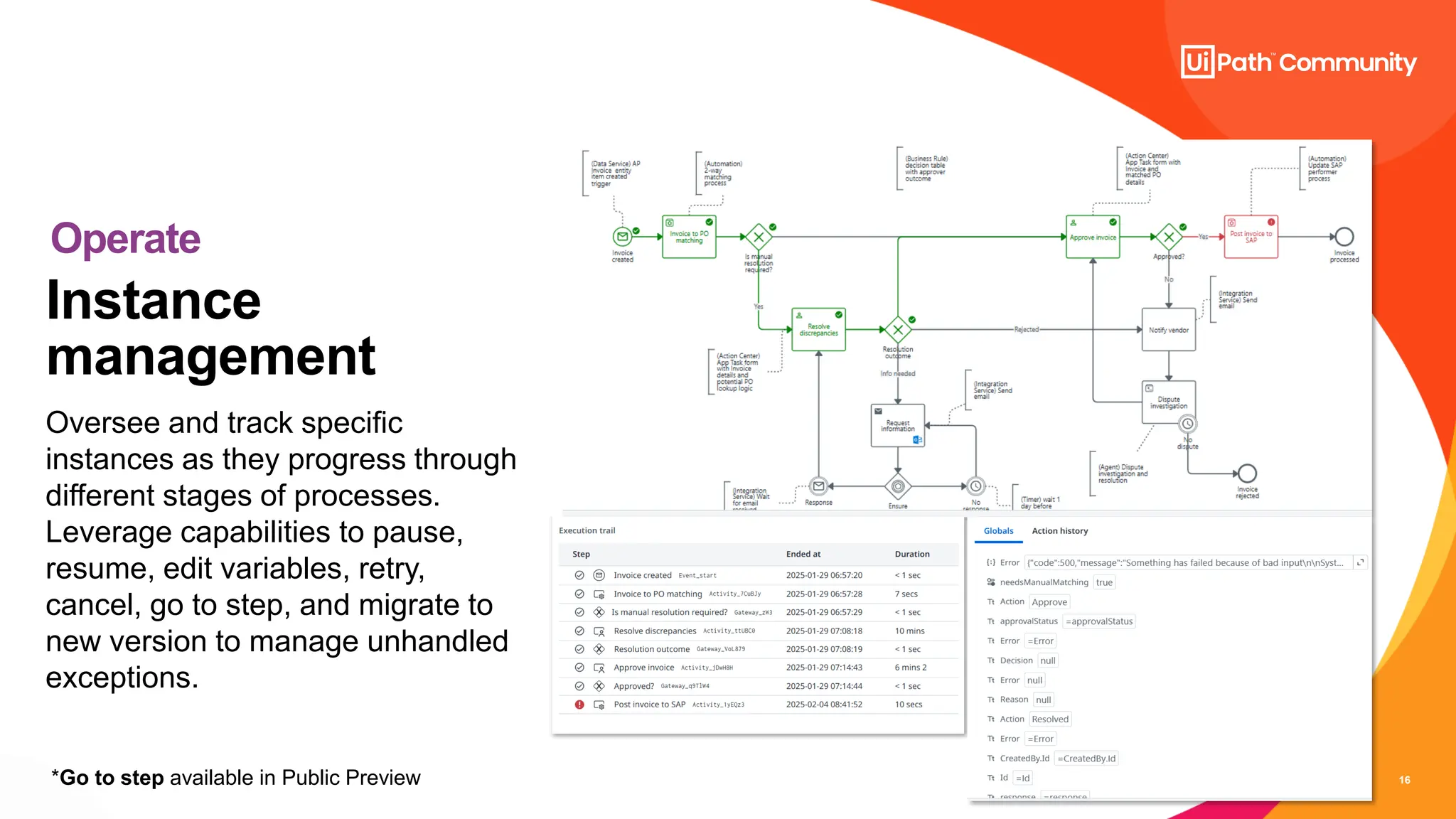 16
Oversee and track specific
instances as they progress through
different stages of processes.
Leverage capabilities to pause,
resume, edit variables, retry,
cancel, go to step, and migrate to
new version to manage unhandled
exceptions.
Operate
Instance
management
*Go to step available in Public Preview
 