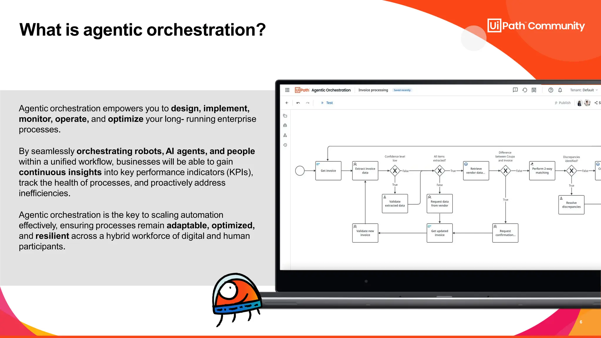 6
What is agentic orchestration?
Agentic orchestration empowers you to design, implement,
monitor, operate, and optimize your long- running enterprise
processes.
By seamlessly orchestrating robots, AI agents, and people
within a unified workflow, businesses will be able to gain
continuous insights into key performance indicators (KPIs),
track the health of processes, and proactively address
inefficiencies.
Agentic orchestration is the key to scaling automation
effectively, ensuring processes remain adaptable, optimized,
and resilient across a hybrid workforce of digital and human
participants.
 