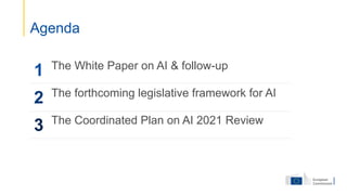 The White Paper on AI & follow-up
The forthcoming legislative framework for AI
The Coordinated Plan on AI 2021 Review
Agenda
1
3
2
 