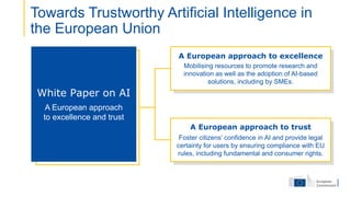 White Paper on AI
A European approach
to excellence and trust
A European approach to trust
Foster citizens’ confidence in AI and provide legal
certainty for users by ensuring compliance with EU
rules, including fundamental and consumer rights.
A European approach to excellence
Mobilising resources to promote research and
innovation as well as the adoption of AI-based
solutions, including by SMEs.
Towards Trustworthy Artificial Intelligence in
the European Union
 