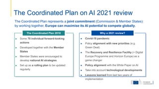 Why a 2021 review?
The Coordinated Plan on AI 2021 review
► Some 70 individual forward-looking
actions
► Developed together with the Member
States
► Member States were encouraged to
develop national AI strategies
► Set up as a rolling plan to be updated
regularly
The Coordinated Plan 2018
► Covid-19 pandemic
► Policy alignment with new priorities (e.g.
Green Deal)
► The Recovery and Resilience Facility (+ Digital
Europe Programme and Horizon Europe) as a
game changer
► Policy alignment with the White Paper on AI
► Take into account technological developments
► Lessons learned from last two years of
implementation
The Coordinated Plan represents a joint commitment (Commission & Member States):
by working together, Europe can maximise its AI potential to compete globally.
 