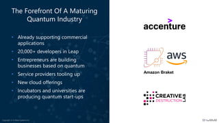 Copyright © D-Wave Systems Inc.
The Forefront Of A Maturing
Quantum Industry
• Already supporting commercial
applications
• 20,000+ developers in Leap
• Entrepreneurs are building
businesses based on quantum
• Service providers tooling up
• New cloud offerings
• Incubators and universities are
producing quantum start-ups
Amazon Braket
 