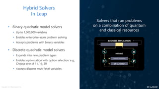 Copyright © D-Wave Systems Inc.
Hybrid Solvers
In Leap
• Binary quadratic model solvers
• Up to 1,000,000 variables
• Enables enterprise-scale problem solving
• Accepts problems with binary variables
• Discrete quadratic model solvers
• Expands into new problem types
• Enables optimization with option selection: e.g.,
Choose one of 11, 19, 29
• Accepts discrete multi-level variables
Solvers that run problems
on a combination of quantum
and classical resources
BUSINESS APPLICATION
HYBRID
Classical Computing
 