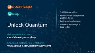 Copyright © D-Wave Systems Inc.
Get immediate access
cloud.dwavesys.com/leap
Check out customer presentations:
www.youtube.com/user/dwavesystems
Unlock Quantum
• 1,000,000 variables
• Hybrid solvers accept more
problem forms
• Real-world applications
• Access to Advantage in
Leap today
 